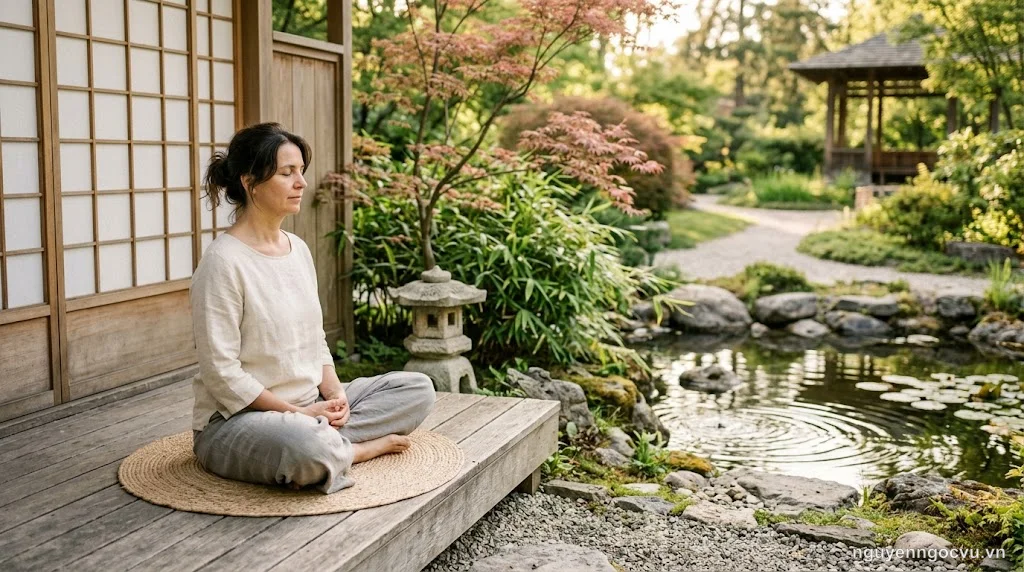 Người đàn ông ngồi thiền trong không gian yên tĩnh, ánh sáng dịu nhẹ, tượng trưng cho chánh niệm trong cuộc sống bận rộn