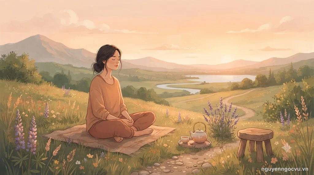 Người phụ nữ ngồi thiền trong không gian thiên nhiên yên tĩnh, biểu tượng cho việc lắng nghe chính mình