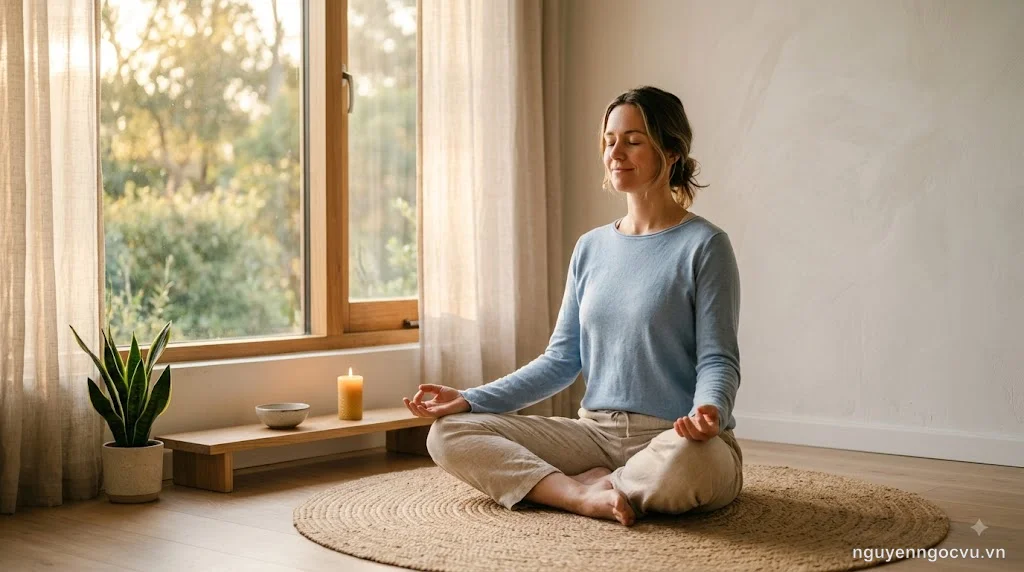 Người phụ nữ đang ngồi thiền trong không gian yên tĩnh, ánh sáng dịu nhẹ chiếu qua cửa sổ