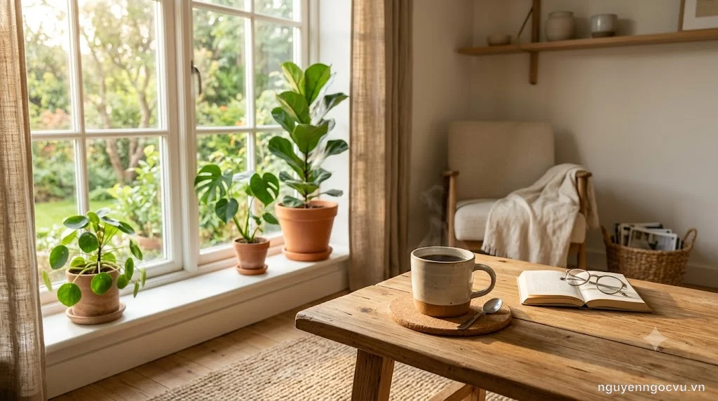 Buổi sáng tĩnh lặng với ánh nắng nhẹ qua cửa sổ và tách cà phê