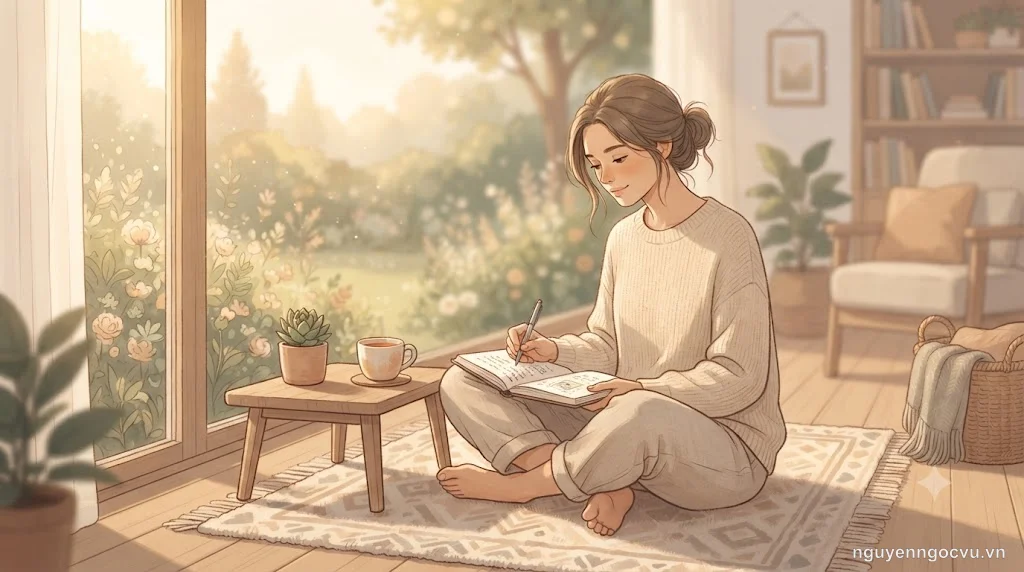 Một cuốn sổ tay mở với bút viết nằm bên cạnh, ánh sáng dịu nhẹ từ cửa sổ chiếu vào, không gian yên tĩnh và ấm áp để viết nhật ký